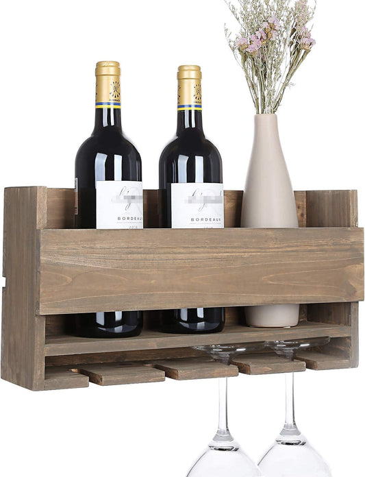 Rustic Wall Mounted Wine Rack for 4 Red Wine Glasses Storage, Wooden Wine Bottle Holder for Farmhouse Kitchen Decor, Floating Wine Shelf Organizer for Living Room Display.
