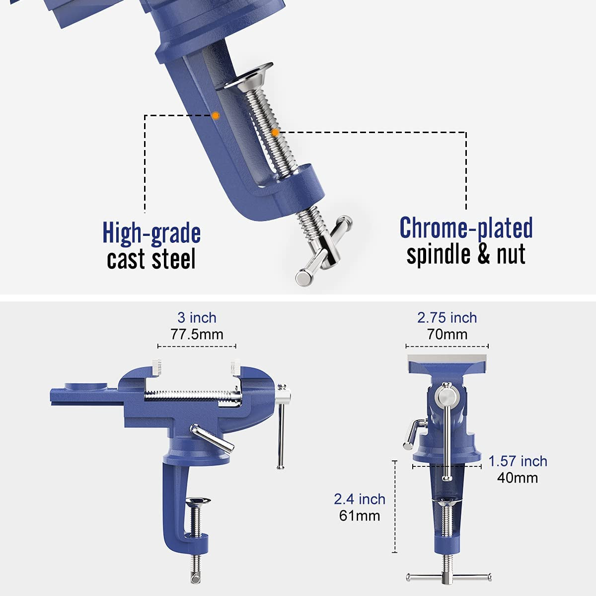 Housolution Universal Table Vice 3 Inch, 360°Swivel Base Bench Clamp Home Vise Clamp-On Vise Repair Tool Portable Work Bench Vise for Woodworking, Cutting Conduit, Drilling, Metalworking - Blue