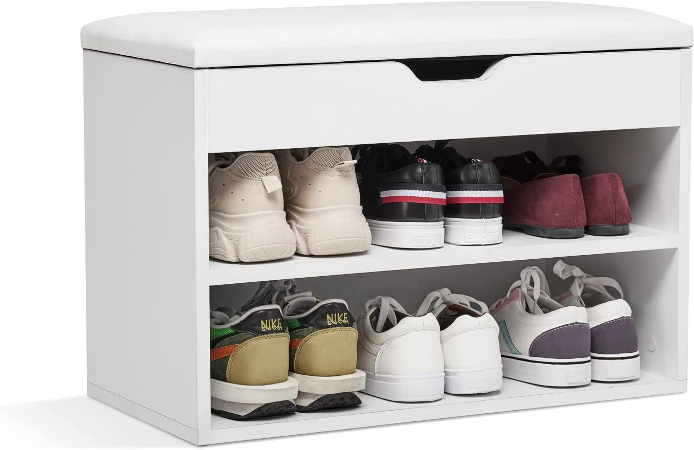 Shoe Storage Bench, Shoe Cabinet with Storage Seat, 60 X 30 X 43 Cm Wooden White Small Unit for 8 Pairs Shoes