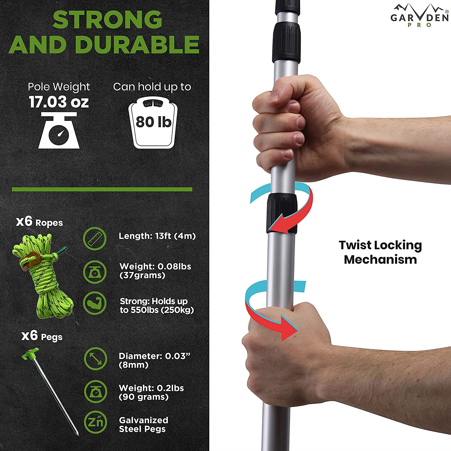 Set of 4 Telescoping Tarp Poles | Replacement Canopy Adjustable Aluminum Rods, Portable & Lightweight for Tent Fly, Awning, Outdoor Camping, Hiking, Backpacking & Rainfly + 6 Pegs & 6 Reflective Ropes