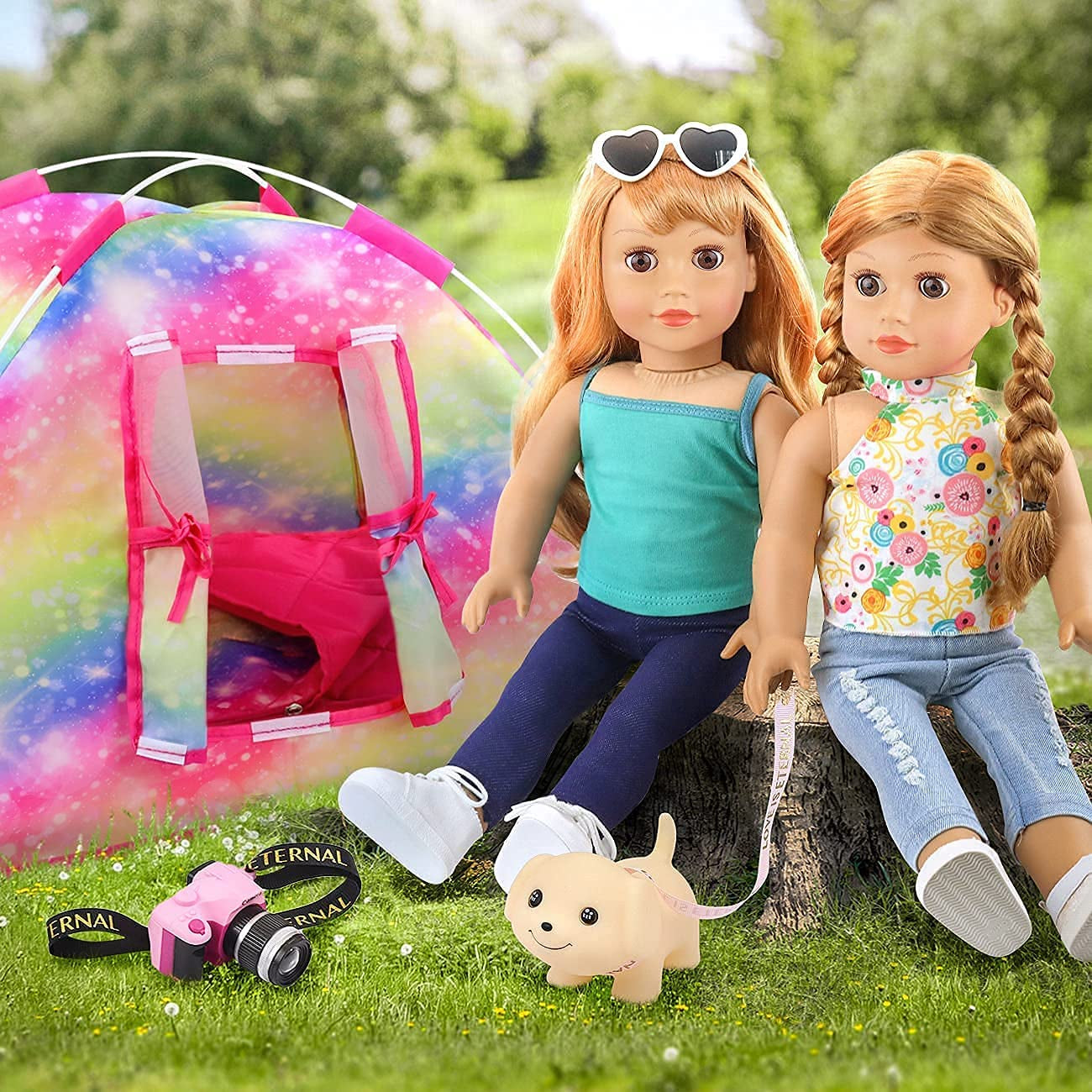 ZITA ELEMENT  Items Fashion Doll Camping Tent Set for American 18 Inch Girl Doll Accessories Sleeping Bag, Clothes Set, Shoes,Camera, Eye Glasses and Toy Dog(Doll Is Not Included)