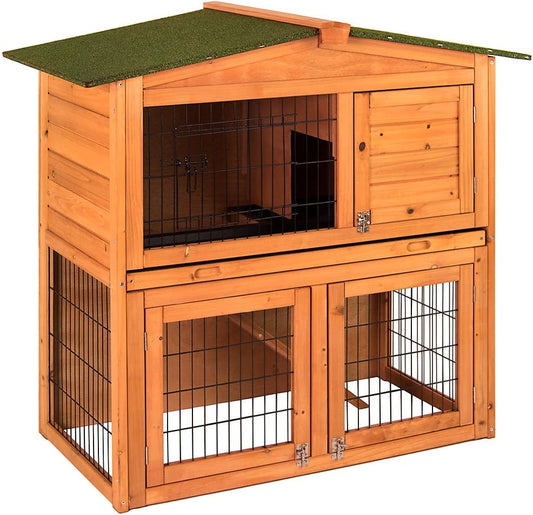 Wooden Pet Rabbit 2 Tier Hutch, Double Bunny Guinea Pig Animal House Home Run Cage with Sliding Tray