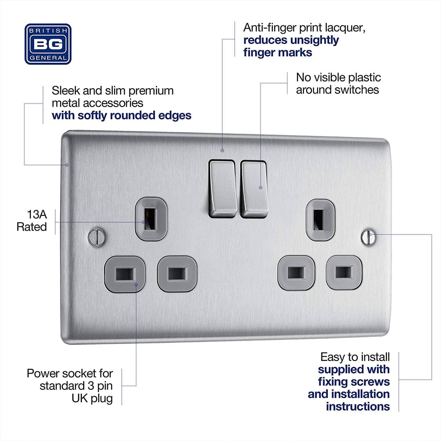 BG Electrical NBS22G-01 Double Switched Power Socket, Brushed Steel, 13 Amp