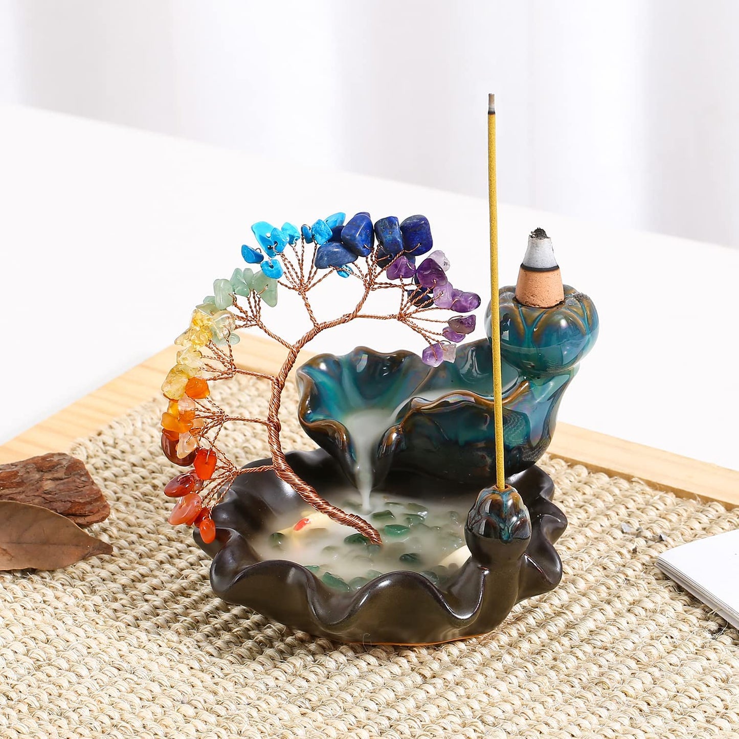 Backflow Incense Burner Ceramic Incense Waterfall 7 Chakras Crystal Tree Incense Holder Namaste Yoga Meditation and Home Decor