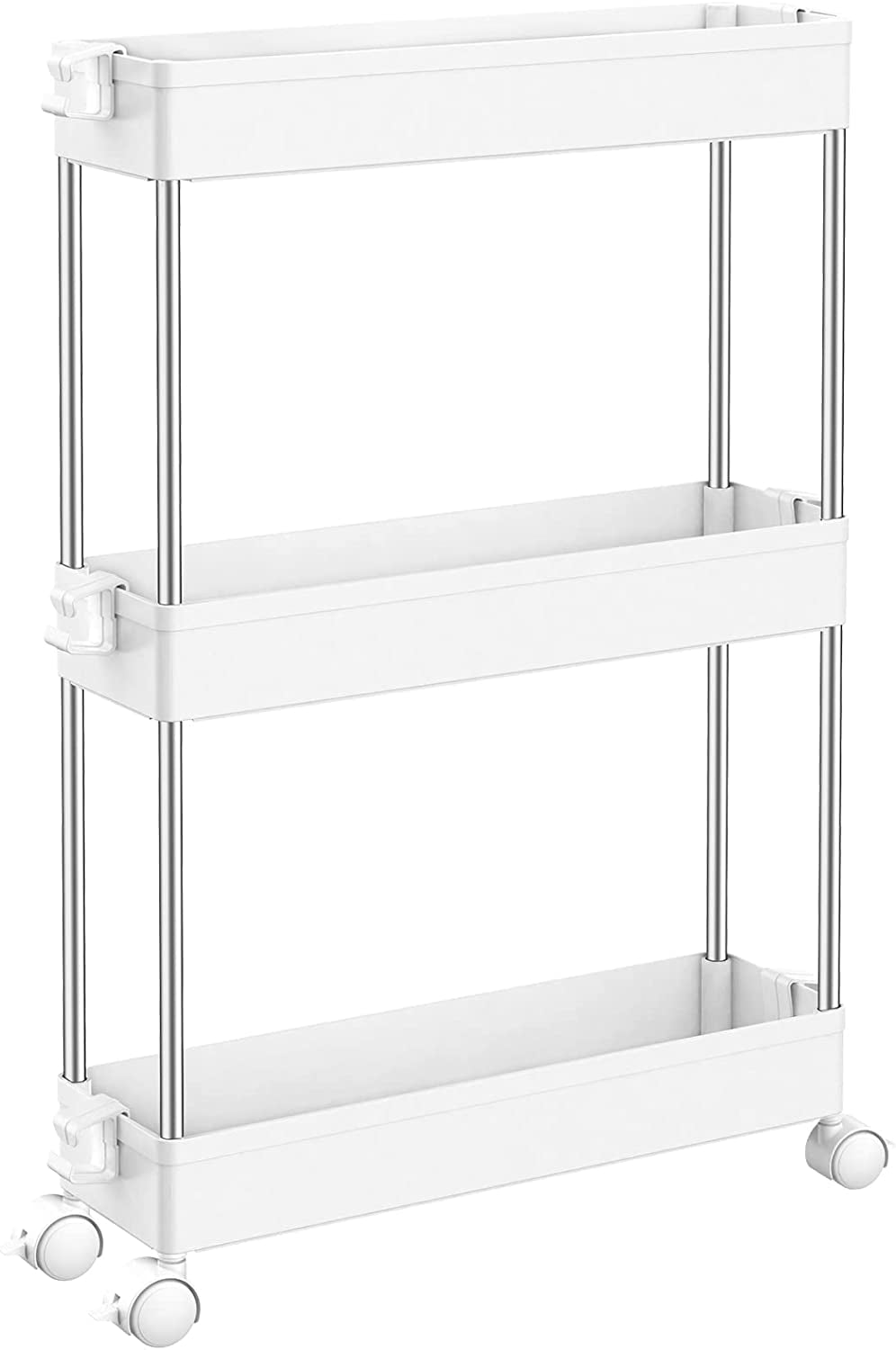 Storage Trolley 3-Tier Slim Storage Cart Slide Out Rolling Utility Cart Mobile Shelving Unit Trolley Organizer Cart for Kitchen Bathroom Laundry Office, Plastic & Stainless Steel, White