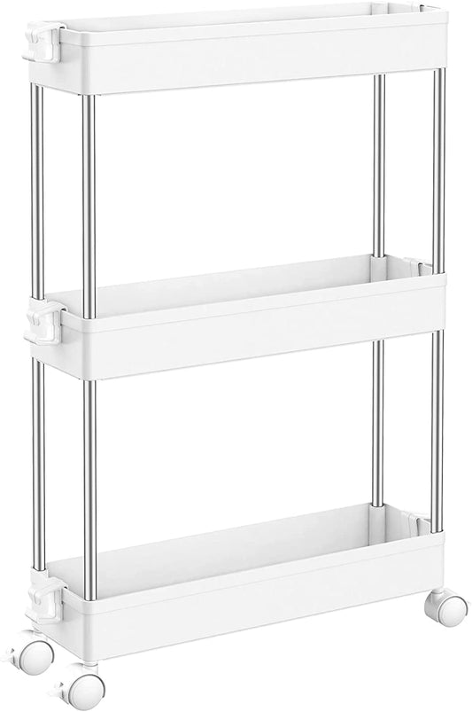 Storage Trolley 3-Tier Slim Storage Cart Slide Out Rolling Utility Cart Mobile Shelving Unit Trolley Organizer Cart for Kitchen Bathroom Laundry Office, Plastic & Stainless Steel, White