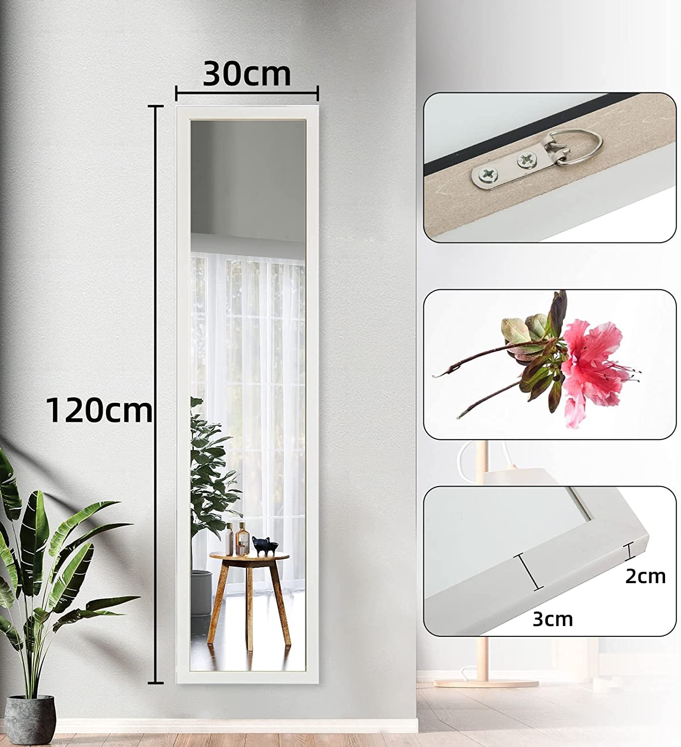 Full Length Mirror 120X30Cm Wall & Door Mirror for Living Room or Bedroom, White PS Frame