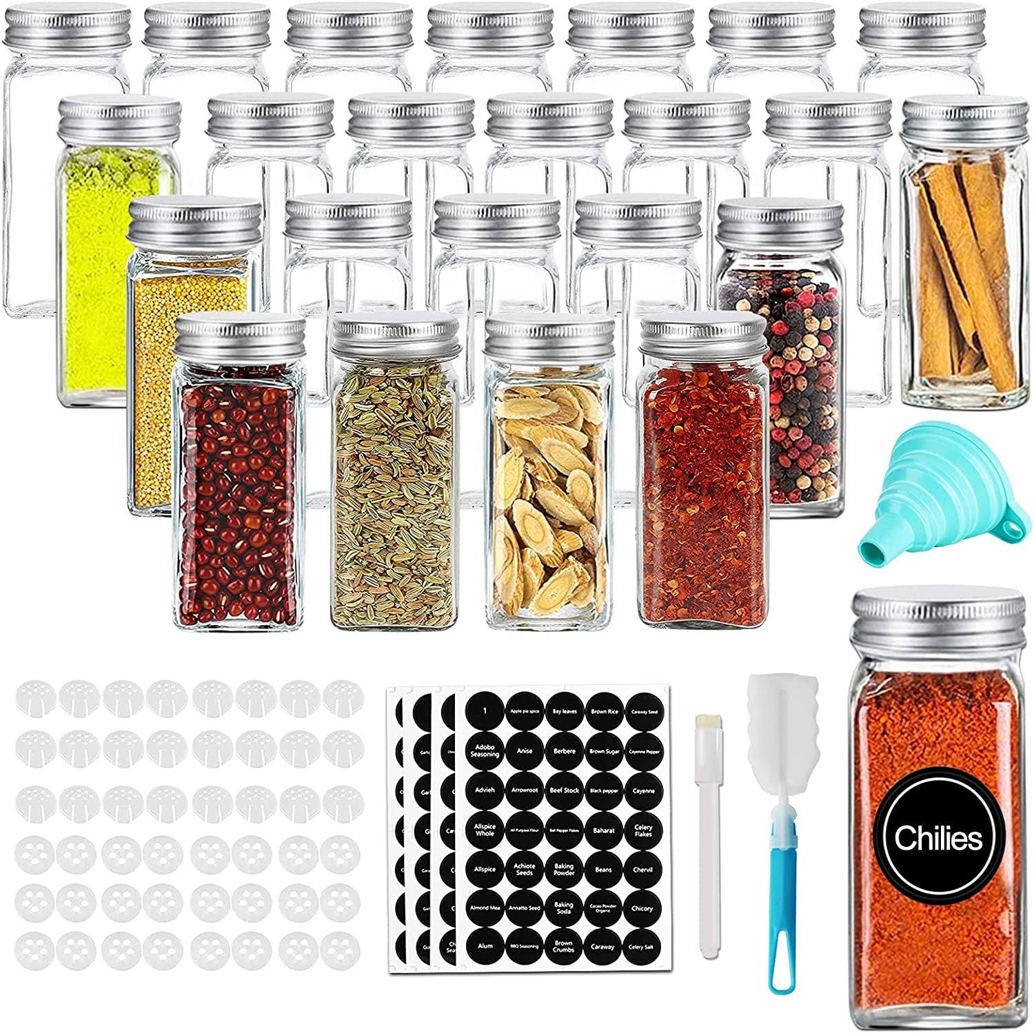 24PCS Glass Spice Jars with Shaker Lids-4Oz Square Spice Jar with Label, Shaker Insert Tops, Airtight Cap，Chalkboard Pen, Wide Funnel, for Spice Herbs Seed and Small Items Storage and Organization