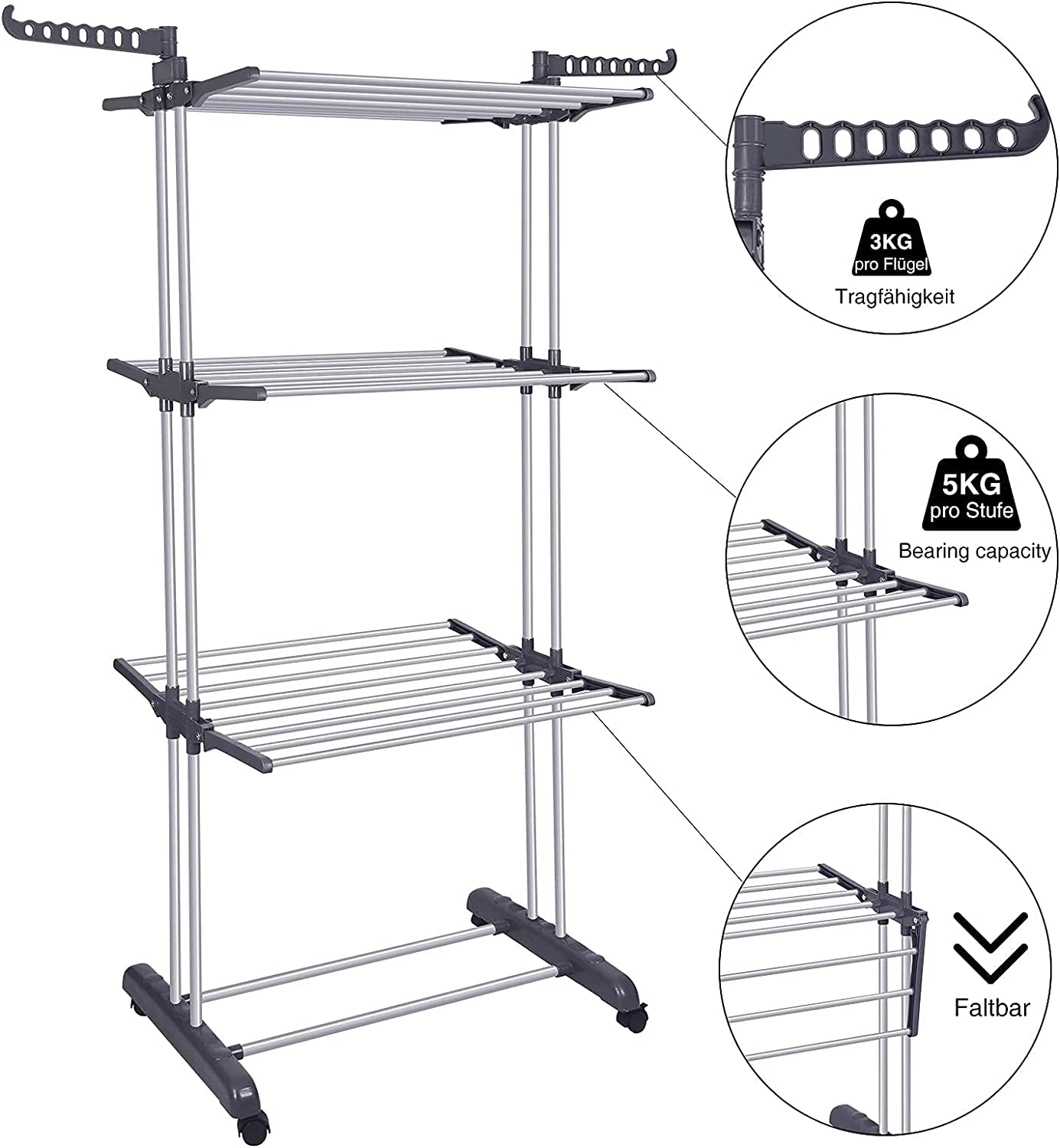 Clothes Drying Rack 4-Tier Foldable Standing Garment Dryer Collapsible Movable Laundry Airer with 4-Wheels for Home Storage Indoor (Grey)