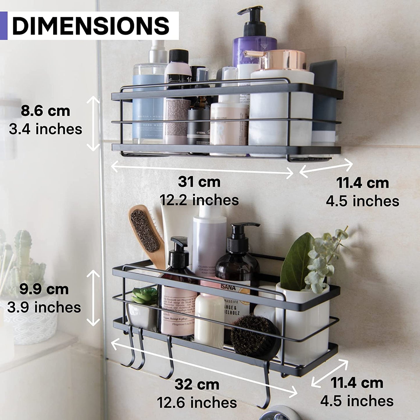 Shower Caddy Basket Shelf Pack of 2 - Adhesive Drill-Free Home Kitchen or Bathroom Organiser - Black Shower Storage Shelves - Bath Tray W/ Hooks for Accessories
