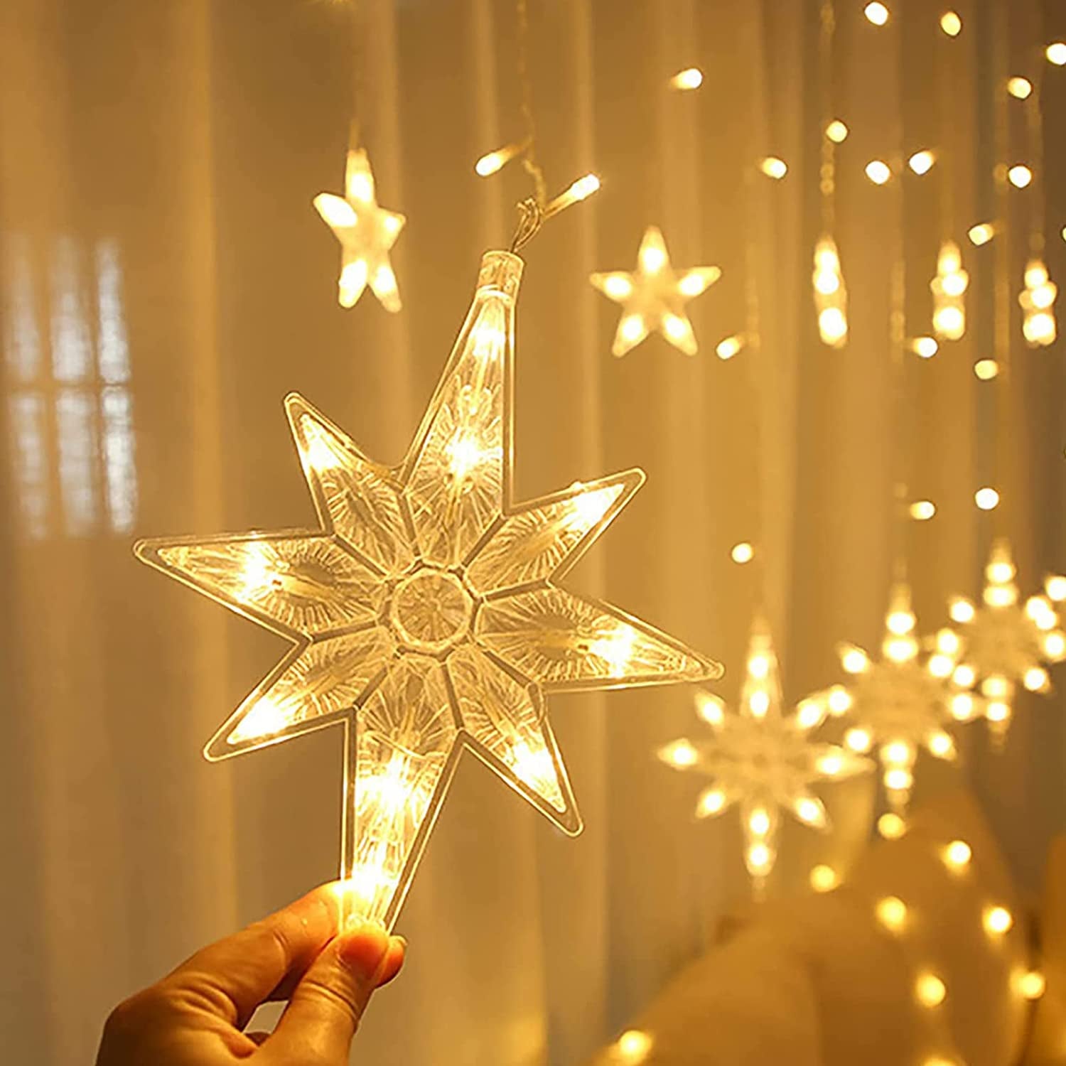 Polaris Star Curtain Lights, 3.5M Battery Fairy Lights with 120Pcs LED, 8 Modes Window Star Curtain Lights, Fairy Lights for Christmas,Bedroom,Wedding,Party,Decorations