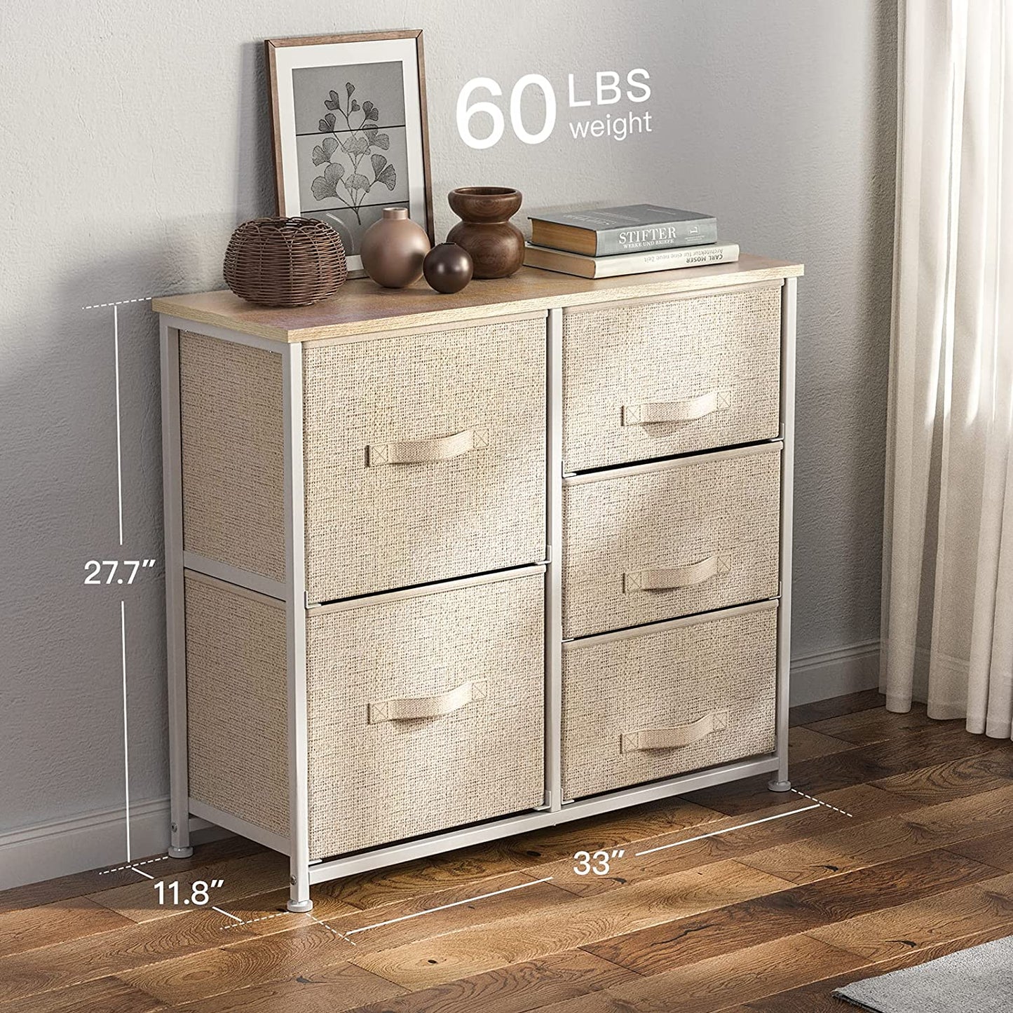 Chest of Drawers, Fabric Storage Drawers with Wood Top and Large Storage Space, Easy to Install Room Organizer, Vertical Chest of 5 Drawers Bedroom, Living Room, Nursery Room, Hallway, Etc