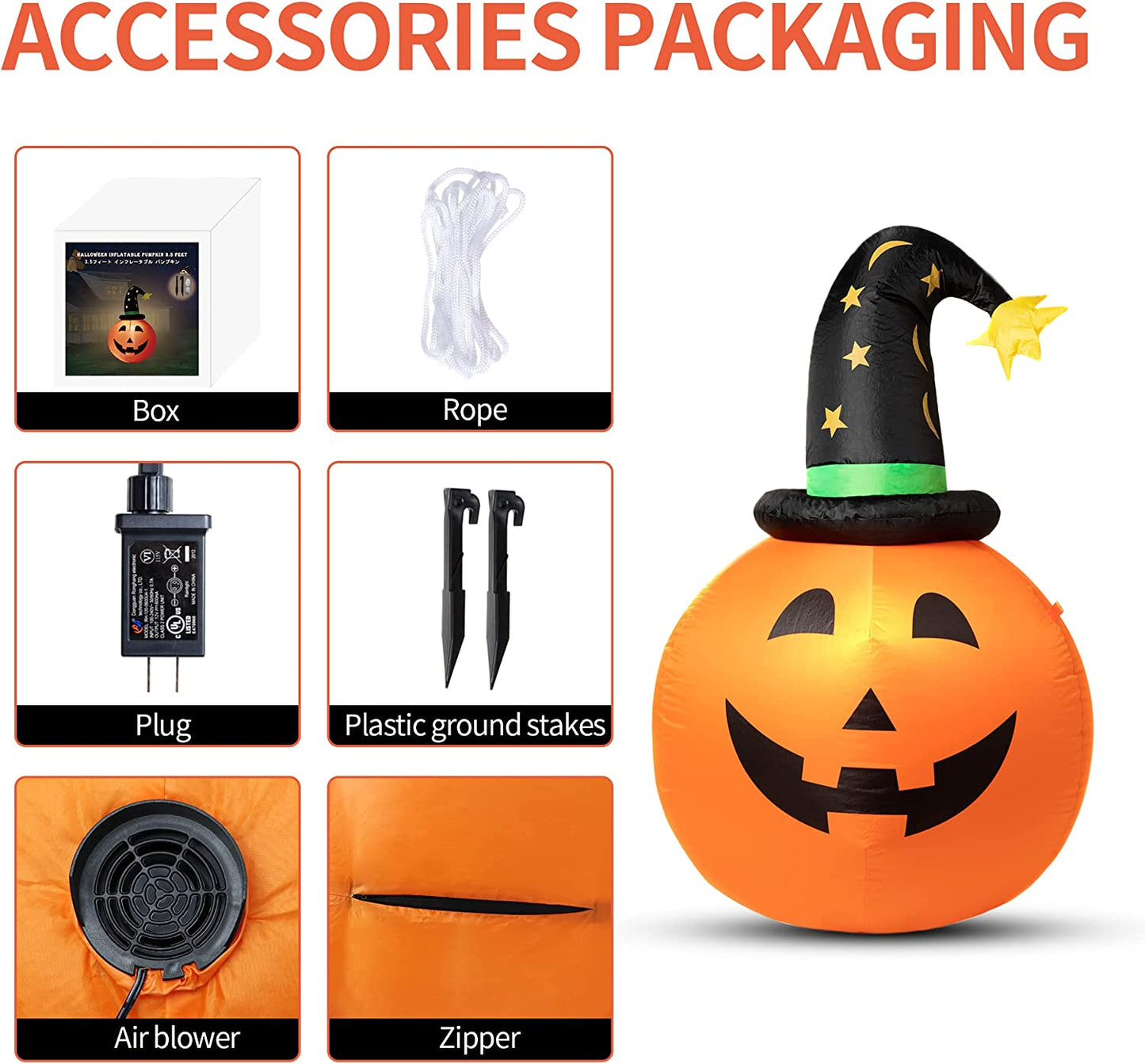 Halloween Decorations Outdoor Inflatable Pumpkin with Witch Hat 1.1M with LED Lights for Halloween Yard Decoration and Party