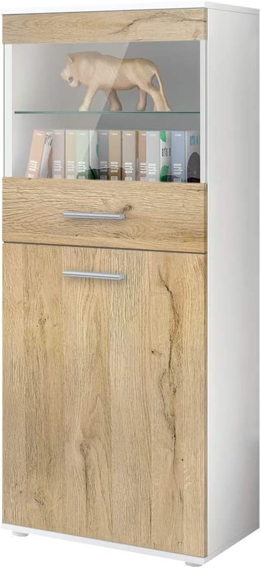 Almada Display Cabinet, Free-Standing Display Case with 2 Doors, 4 Compartments and 1 Glass Panel, White Matt/Oak Nature (53 X 125 X 30 Cm)