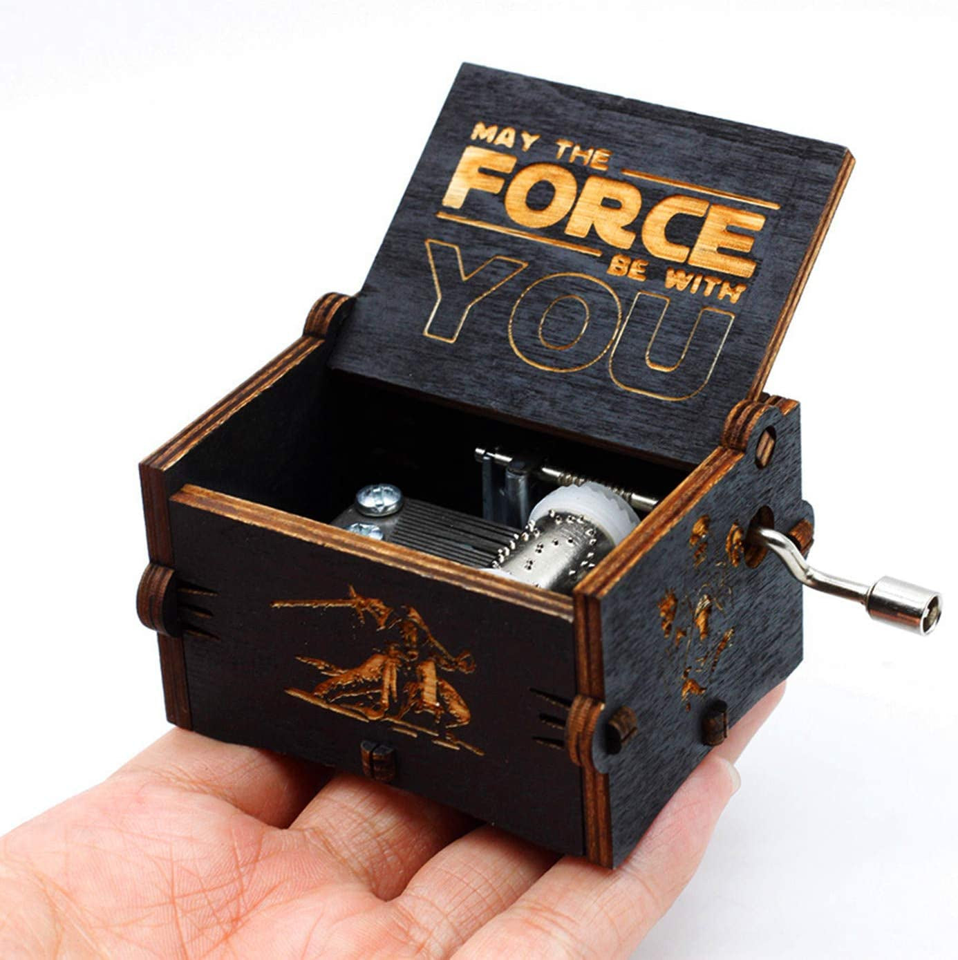 Black Wood Star Wars Music Box, Antique Carved Hand Cranked Wooden Musical Boxes Home Decoration Crafts for Children Gifts