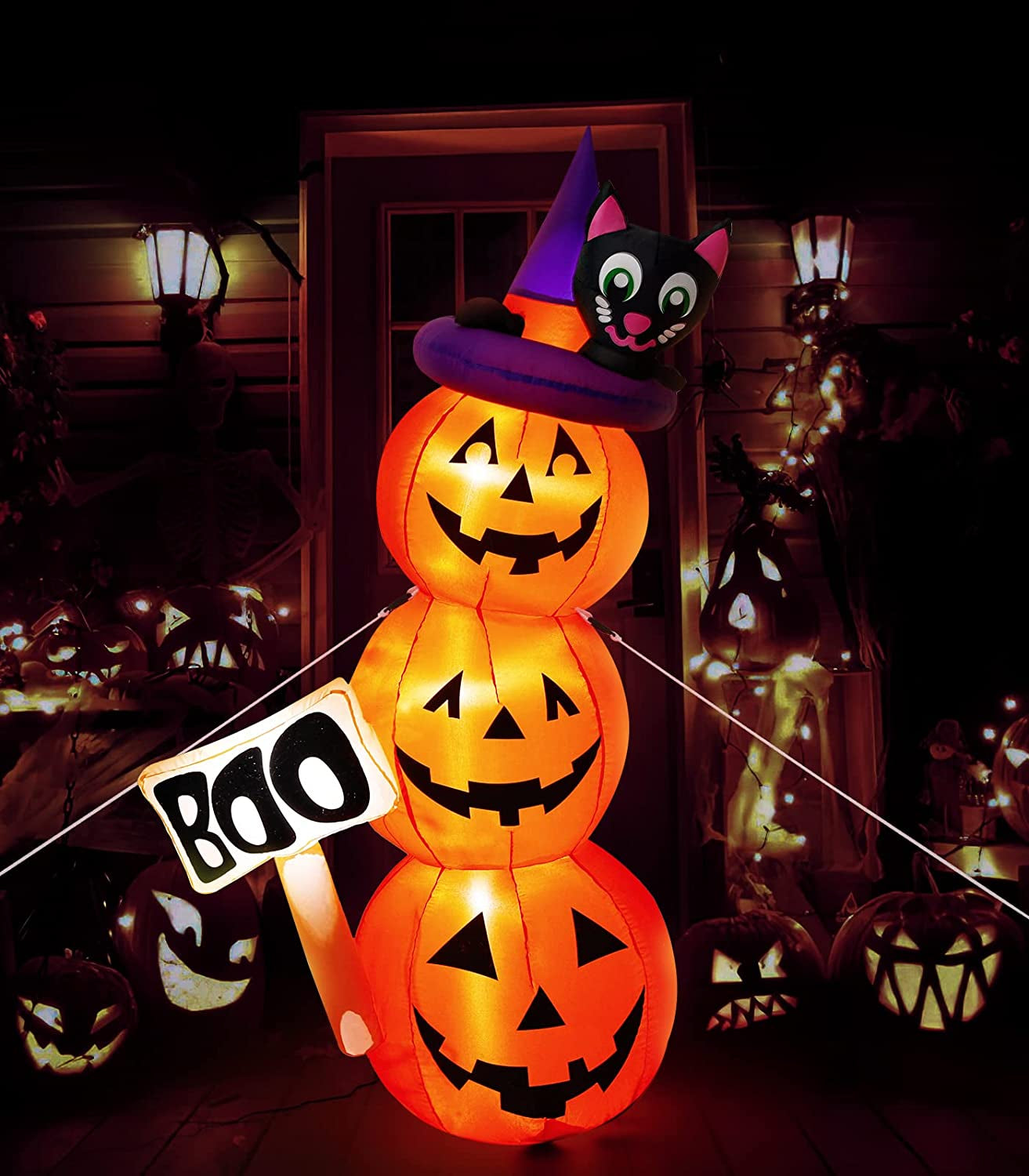 Halloween Inflatable Decoration, 5Ft/1.5M Cute Pumpkins Lamp with Witch Hat Cat Build-In LED Light up Home Yard Garden Lawn for Indoor Outdoor Holiday Party