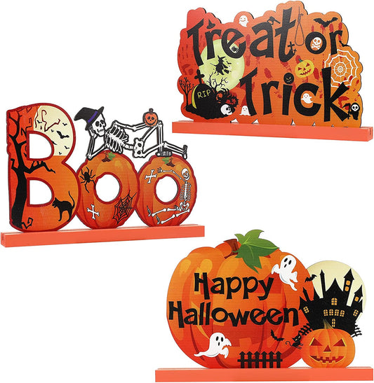 Set of 3 Halloween Wooden Centerpiece, Trick or Treat Table Toppers with Pumpkin Witch Hat Skull Sign Happy Halloween Decorations for Party Dinner Tier Tray Decor, 7.7 X 11 INCH