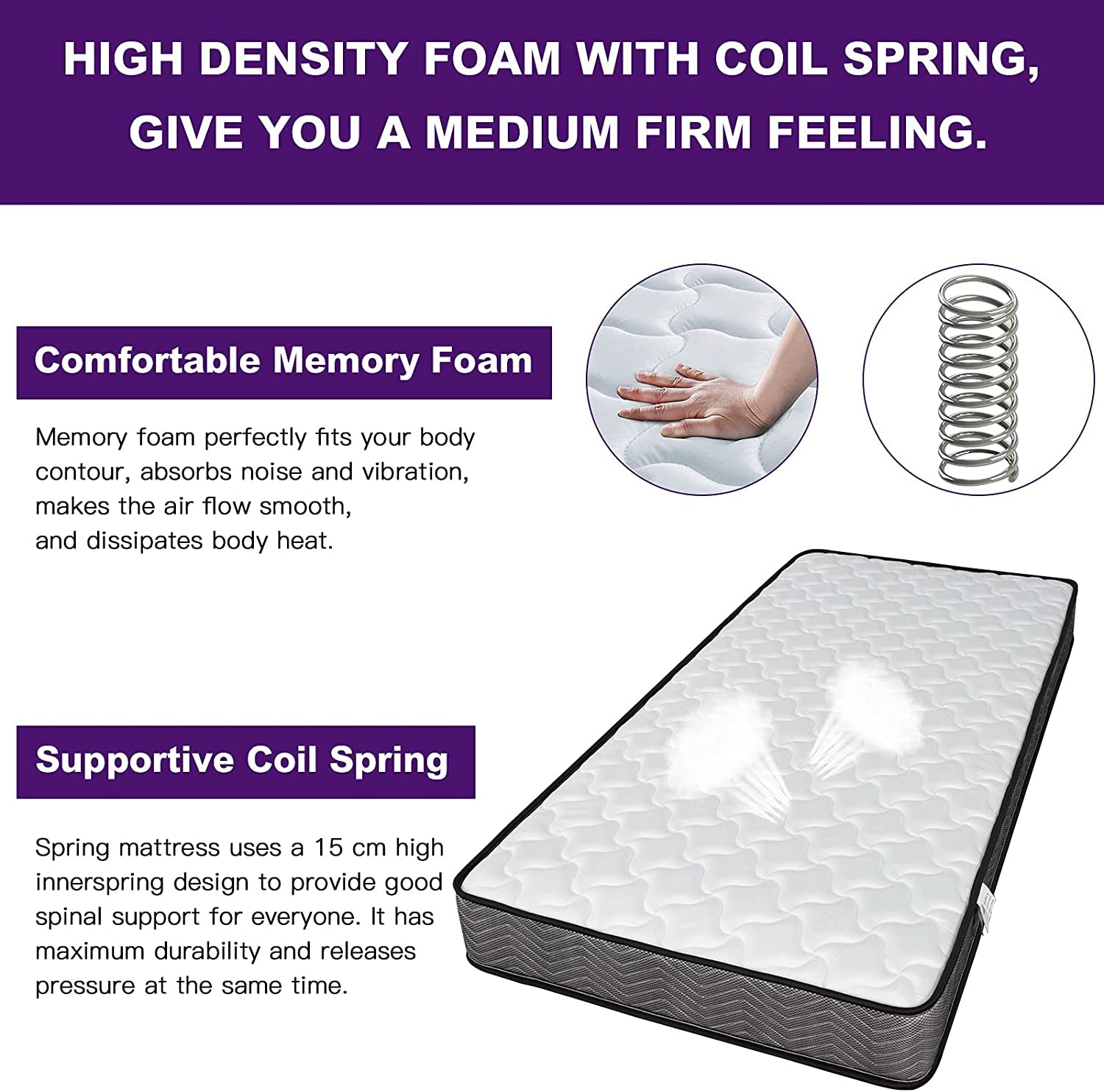 3FT Memory Foam Spring Hybrid Mattress Breathable and Medium Firm Feel - Single: 90Cm X 190Cm