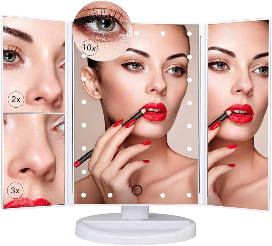 Makeup Mirror with LED Lights, 21 LED Lights Vanity Cosmetic Mirror with Touch Screen, Magnification Tri-Fold 2X 3X 10X Magnifying, 180° Free Rotation, Dual Power Supply LED Mirror (White)