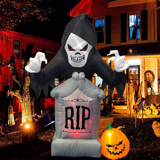 7 Feet Halloween Inflatable Grave Scene Skeleton Ghost with Tombstone and Pumpkin LED Lights Decor Outdoor Indoor Holiday Decorations Blow up Yard Decor Giant Lawn Inflatables Home Family