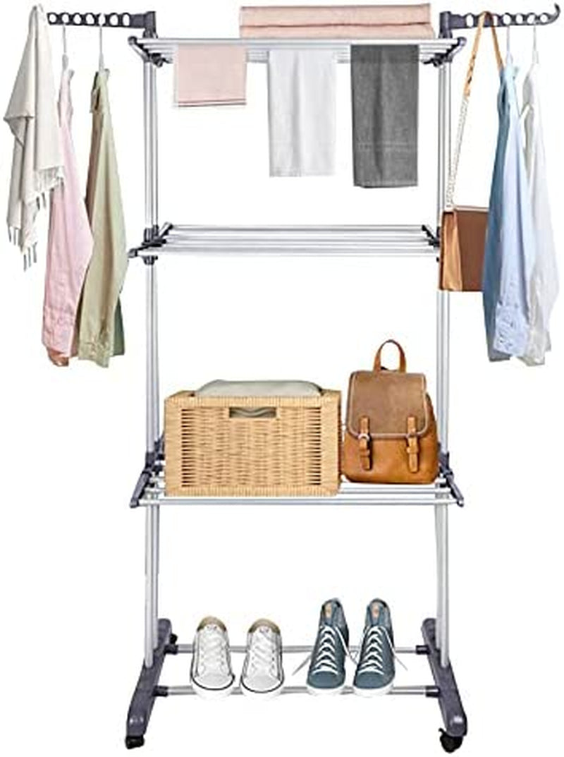 Clothes Drying Rack 4-Tier Foldable Standing Garment Dryer Collapsible Movable Laundry Airer with 4-Wheels for Home Storage Indoor (Grey)