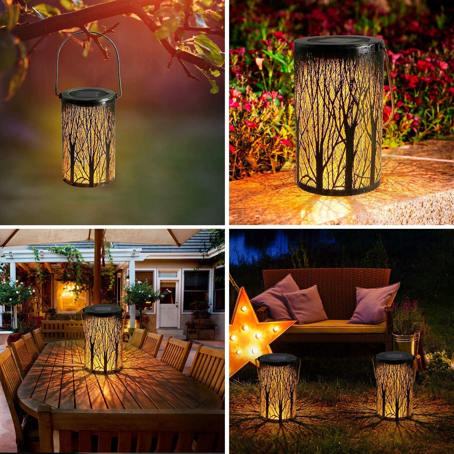 Solar Lanterns for the Garden -  Metal LED Tree Garden Hanging Lanterns IP44 Waterproof Moroccan Garden Ornaments Outdoor for Patio Fence Pathway Wall Table Tree Bronze