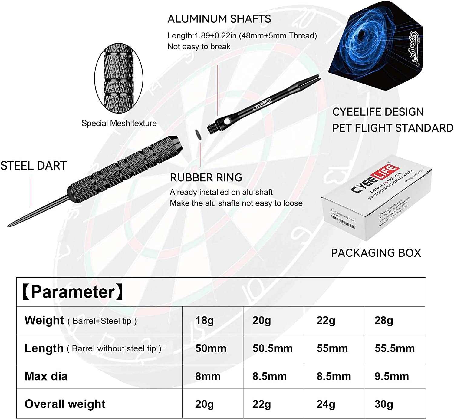 Cyeelife Steel Tip Darts 20/30/34/40G with 16 Flights+Sharpener+Tool+Protectors+12 Aluminium Shafts with Rubber Rings for 4 Beginners Home Darts