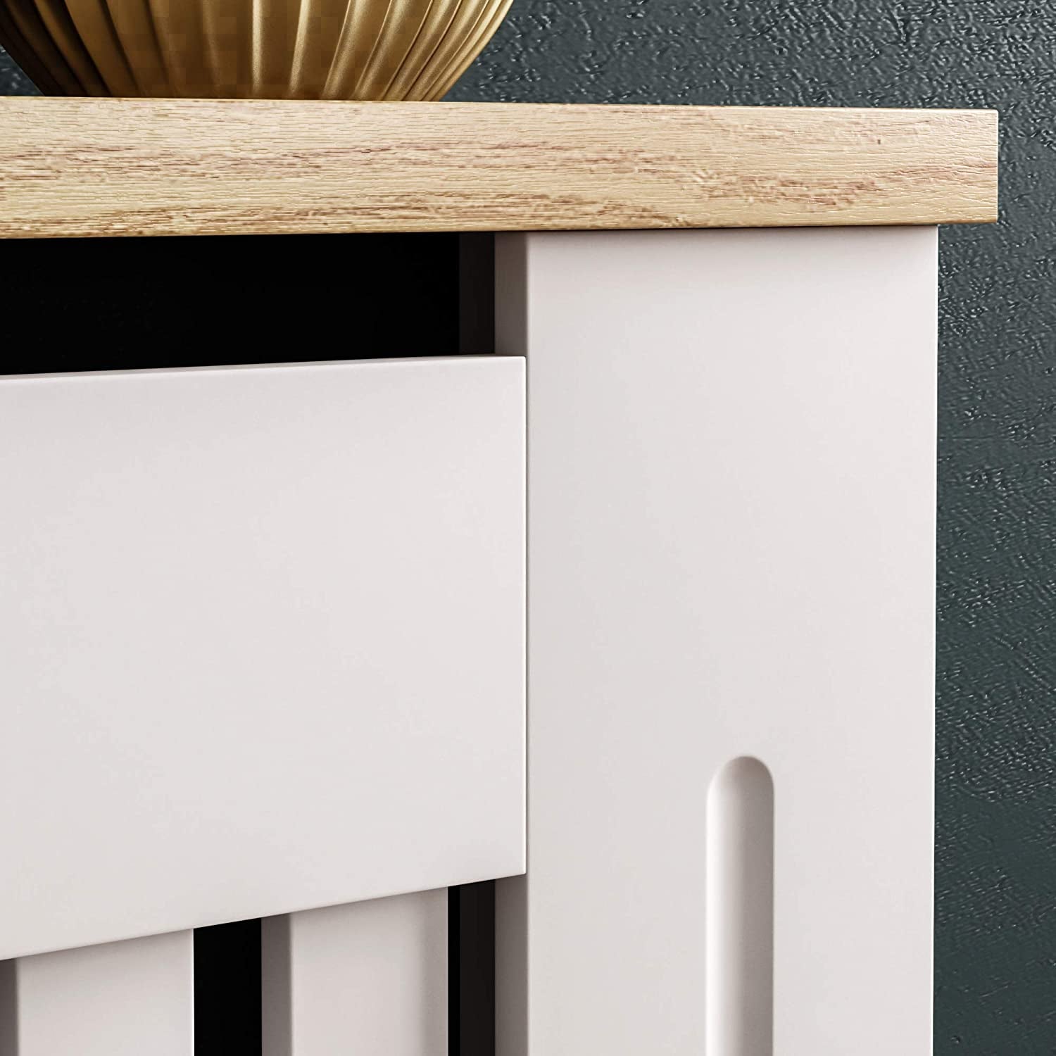 Arlington Radiator Cover White Modern Painted MDF Cabinet, Slats, Grill, Wood Top Shelf, Medium