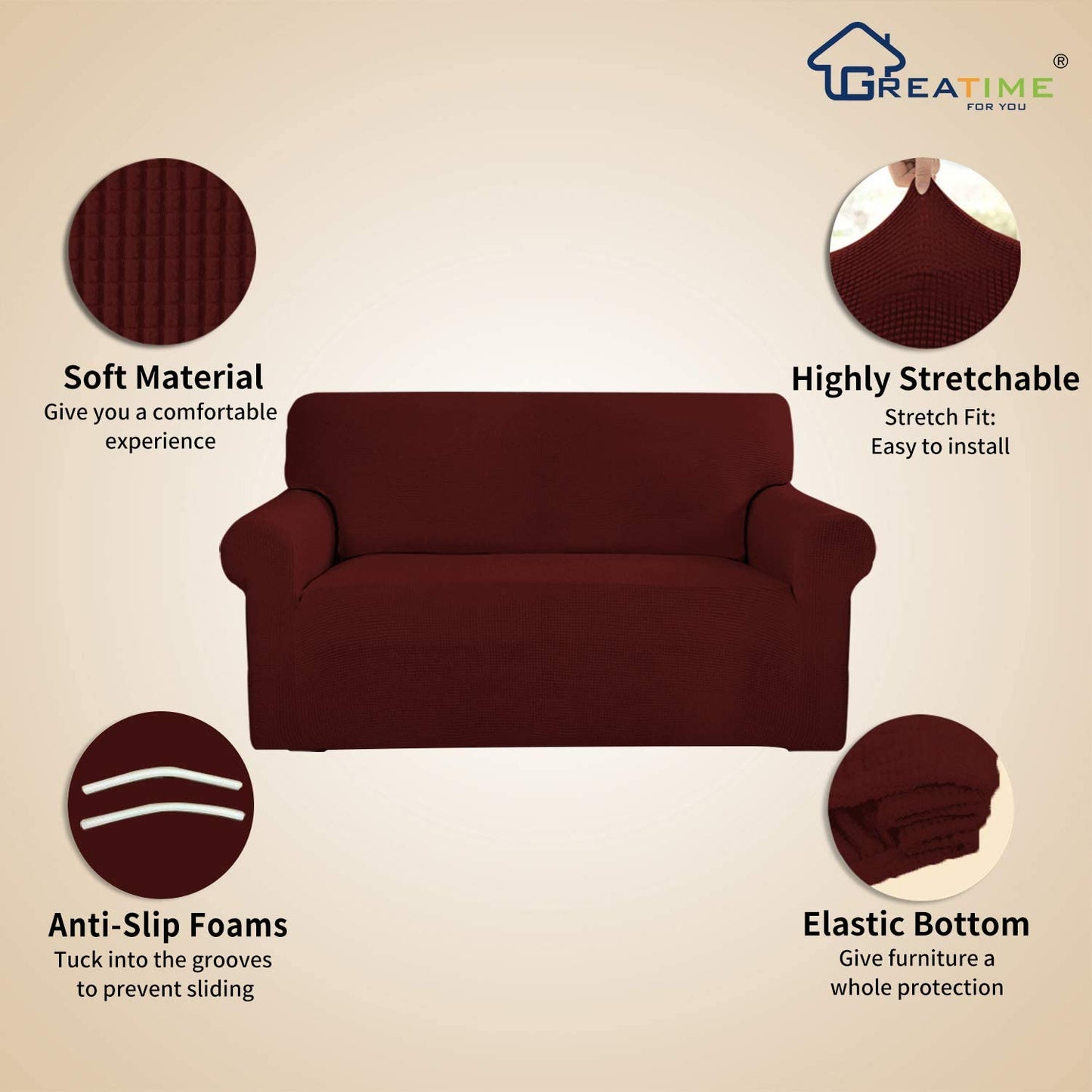 Stretch Chair Sofa Slipcover 1-Piece Couch Sofa Cover Furniture Protector Soft with Elastic Bottom for Kids. Spandex Jacquard Fabric Small Checks(Chair,Wine)