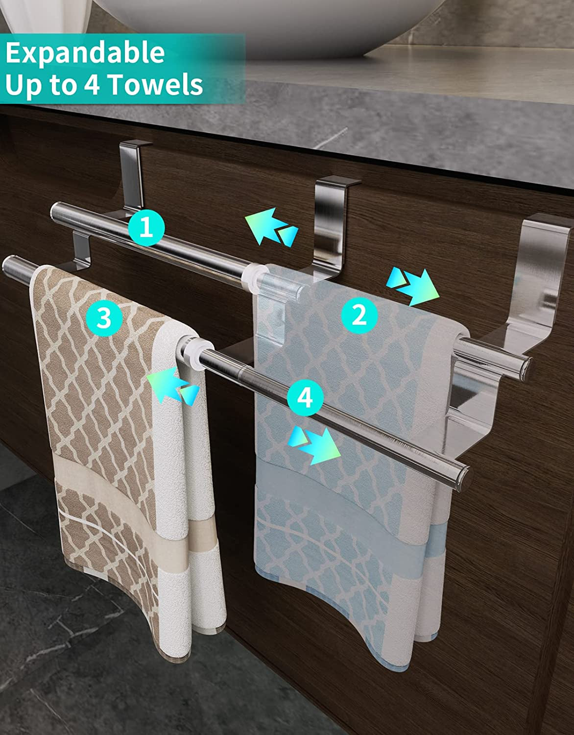 Kitchen Towel Holder over Door Towel Rack, Expandable Tea Towel Rail for Cupboard Door Drawers, Stainless Steel