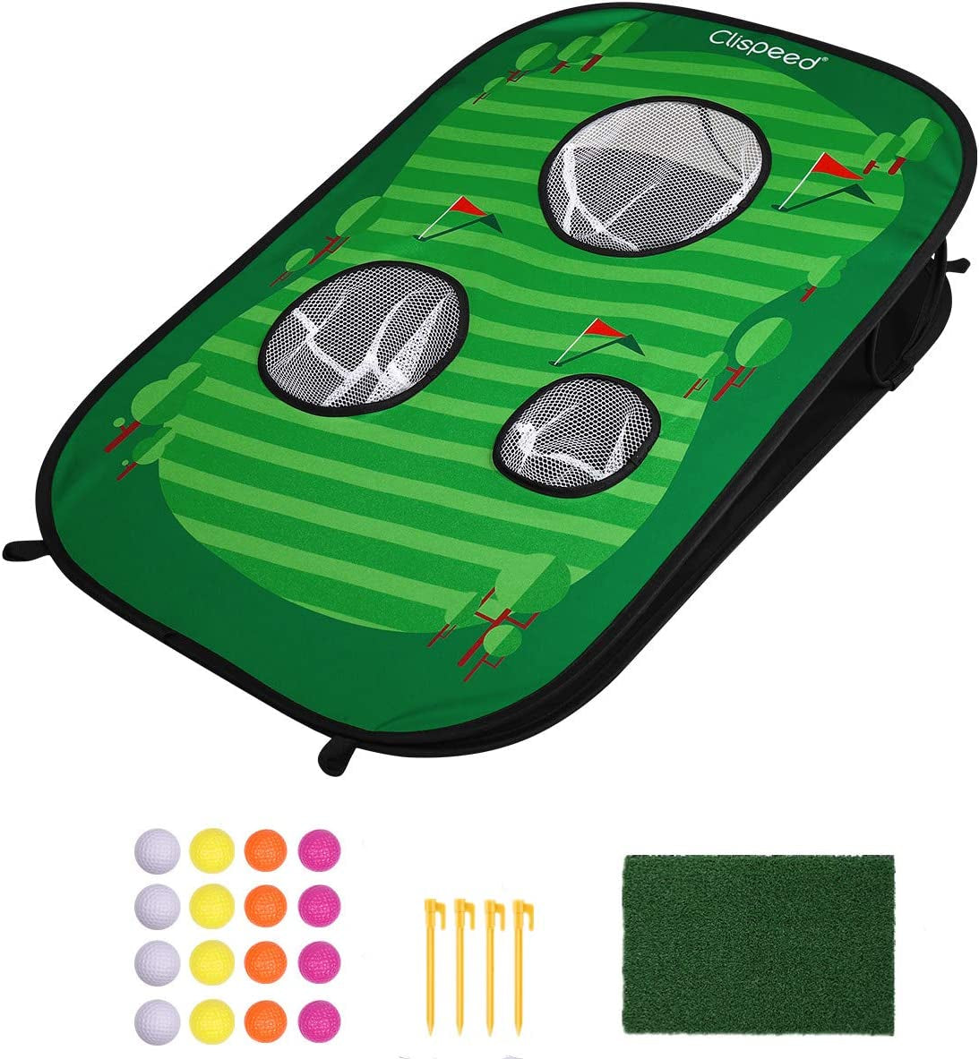 Backyard Golf Cornhole Game Set Pop up Golfing Chipping Net Includes 16 Training Balls,1 Hitting Mat and 4 Stakes