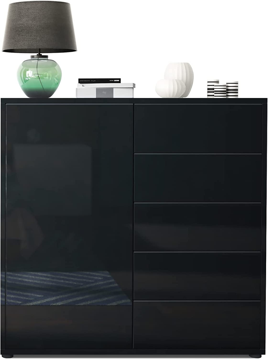 Ben V2 Sideboard, Cabinet with 1 Door and 5 Drawers, Black High Gloss/Black High Gloss (79 X 74 X 36 Cm)