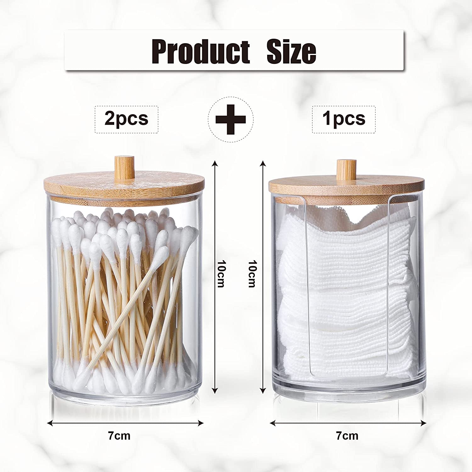 3PCS Cotton Pad Holder with Bamboo Lid for Bathroom Storage, Acrylic Cotton Swab Dispenser, Clear round Cotton Wool Bud Jar for Vanity, Small Qtip Container, Makeup Organiser Set