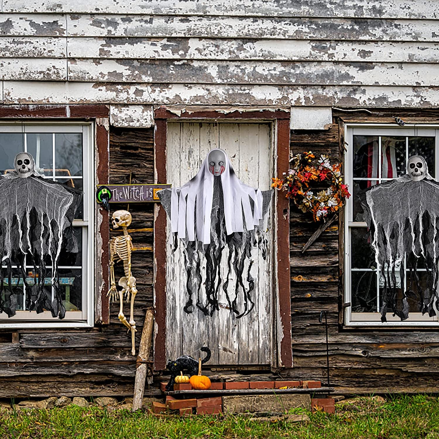 Hanging Halloween Ghosts Decorations 2 Pcs Halloween Hanging Grim Reapers Skeleton Hanging Ghost Props Halloween Skeleton Flying Ghost Props for Halloween Party Haunted House Prop Décor
