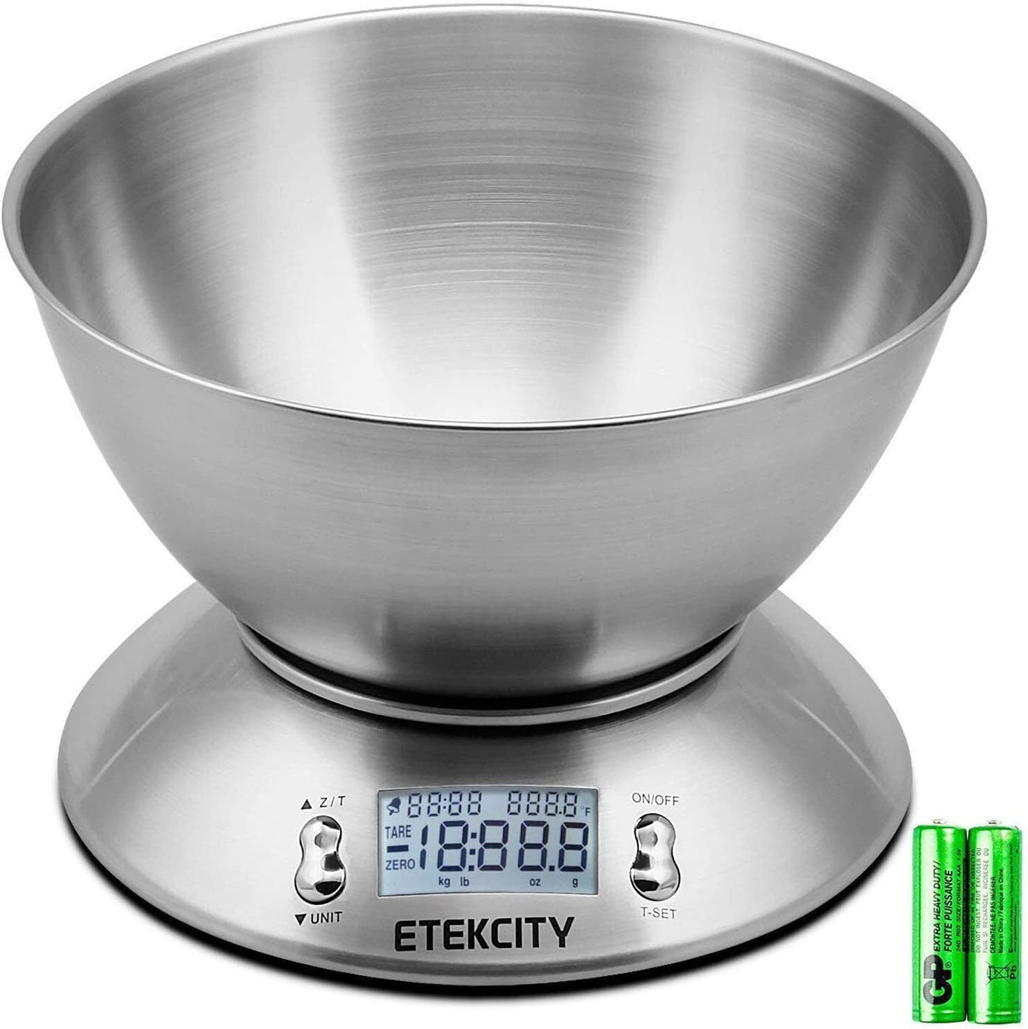 Electronic Kitchen Scales with Stainless Steel Mixing Bowl, Timer and Temperature Sensor, Digital Wet and Dry Food Weighing Scale for Cooking and Baking-11Lb/5Kg