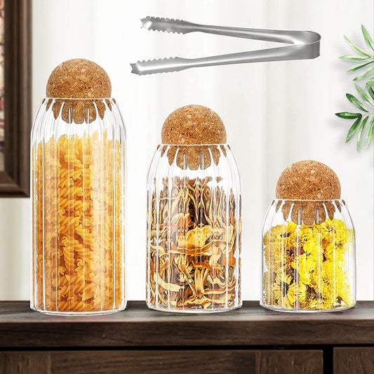 Glass Jar with round Ball Cork, 3 Pack Clear Stripe Glass Storage for Kitchen Pantry Serving Tea Coffee Sugar Flour Spices (500Ml/700Ml/1000Ml)