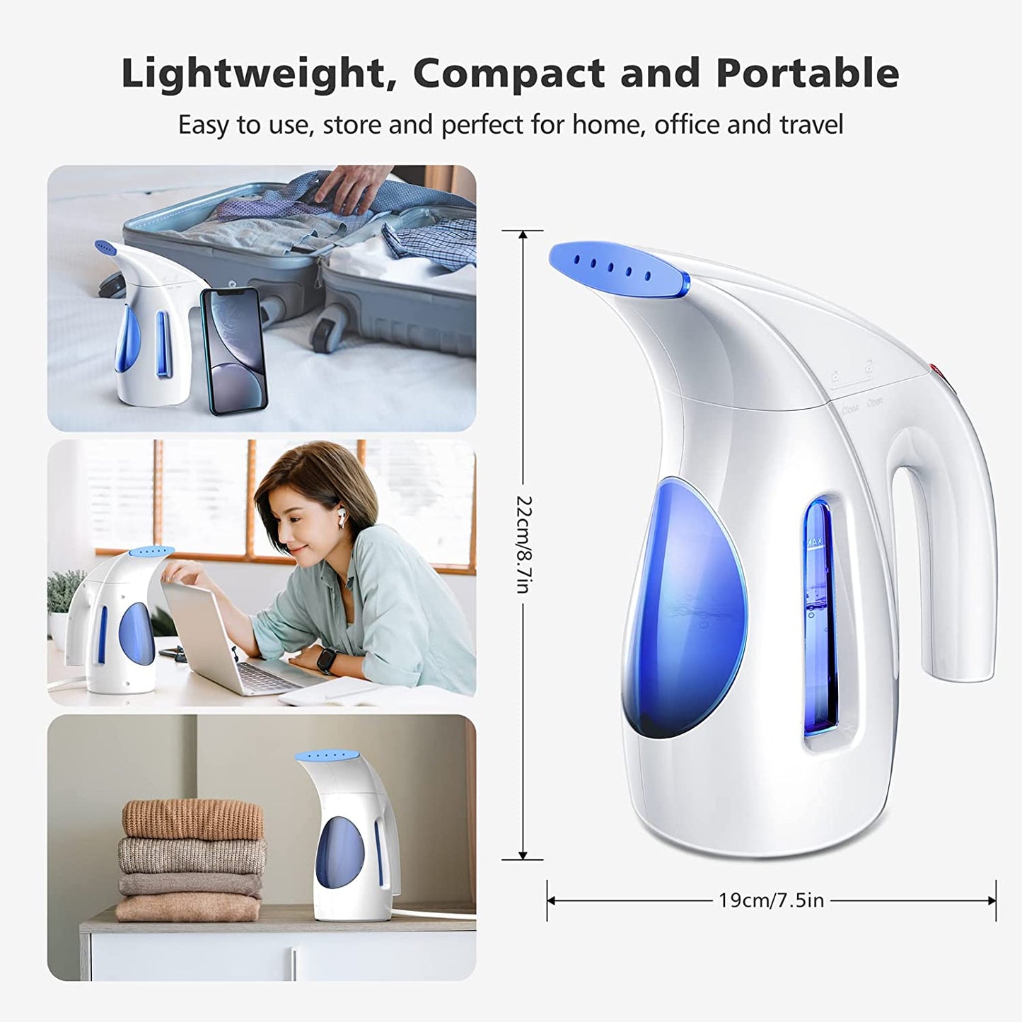 Clothes Steamer, Steam Iron, Mini Handheld Garment Steamer Clothing, Fast Heat Up, Wrinkle-Free, Light Weight for Home, Office and Travel