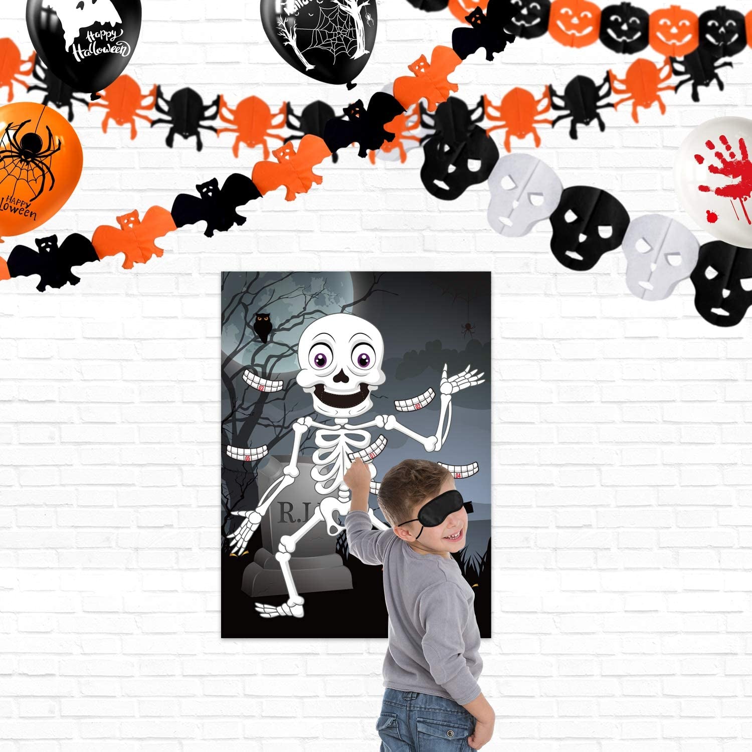 FEPITO Pin the Teeth on the Skeleton Skull Halloween Party Game with 24 Pcs Teeth Stickers for Halloween Party Favors, Halloween Decorations