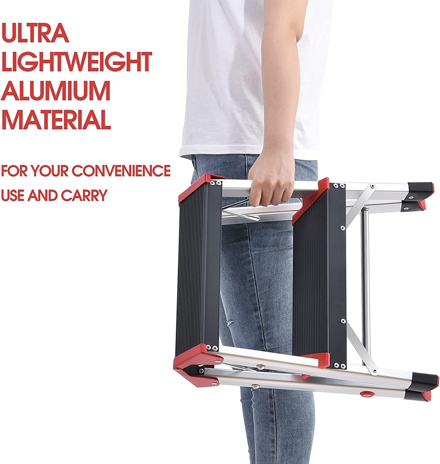 Aluminum Step Ladder 2 Step, Lightweight Step Stool with Widened Platform, Multi Purpose and Anti-Slip Folding Step Stool, Maximum Load 150 Kg, Red