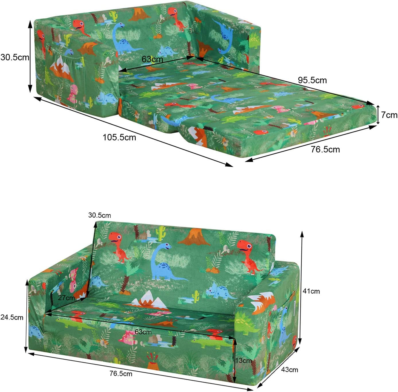 Kid Sofa Couch, Double Seat 2 in 1 Flip Open Children Foam Sofa for Ideal Kid Gift (Green)