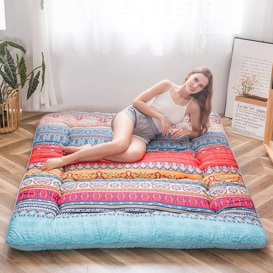 Bohemian Retro Floor Mattress Vintage Floral Japanese Futon Mattress Roll up Thicken Sleeping Bed Portable Camping Mattress Floor Lounger Couch Bed Mattress Pad (Bohemian A, Double)