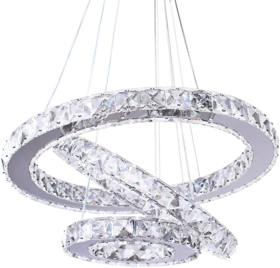 Modern LED Crystal Chandeliers 3 Rings Ceiling Lights Adjustable Stainless Steel Pendant Light Fixture for Dining Room Living Room Bedroom(Warm White)