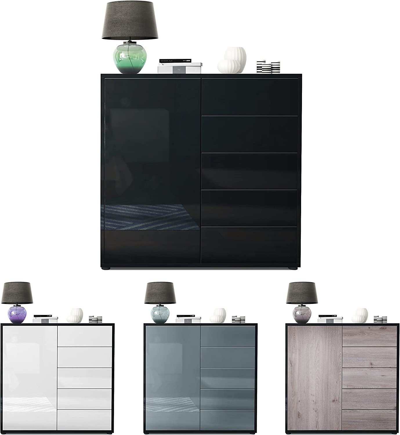 Ben V2 Sideboard, Cabinet with 1 Door and 5 Drawers, Black High Gloss/Black High Gloss (79 X 74 X 36 Cm)