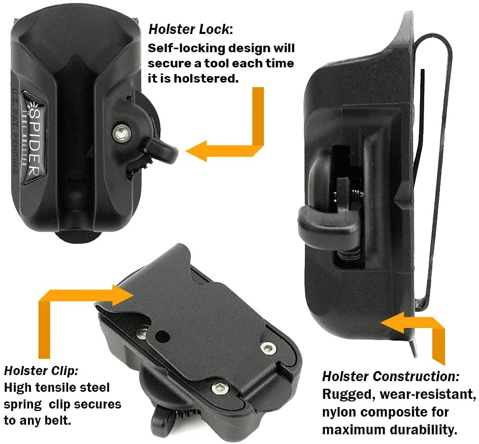 Set - Self Locking, Quick Draw Belt Holster Clip + Elastic Tool Grip - Improve the Way You Carry Your Power Drill, Driver, Multitool, Pneumatic, Flashlight, Hammer, Saw and More!