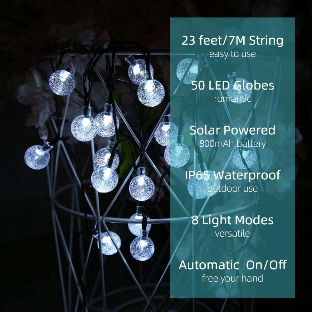 Solar Lights Outdoor Garden Lights Solar Powered 23Ft 50 LED Fairy Lights 8 Modes Auto On/Off Outdoor Christmas Lights Waterproof Globe String Lights for Garden Gazebo Patio Party Xmas Tree Ulanox