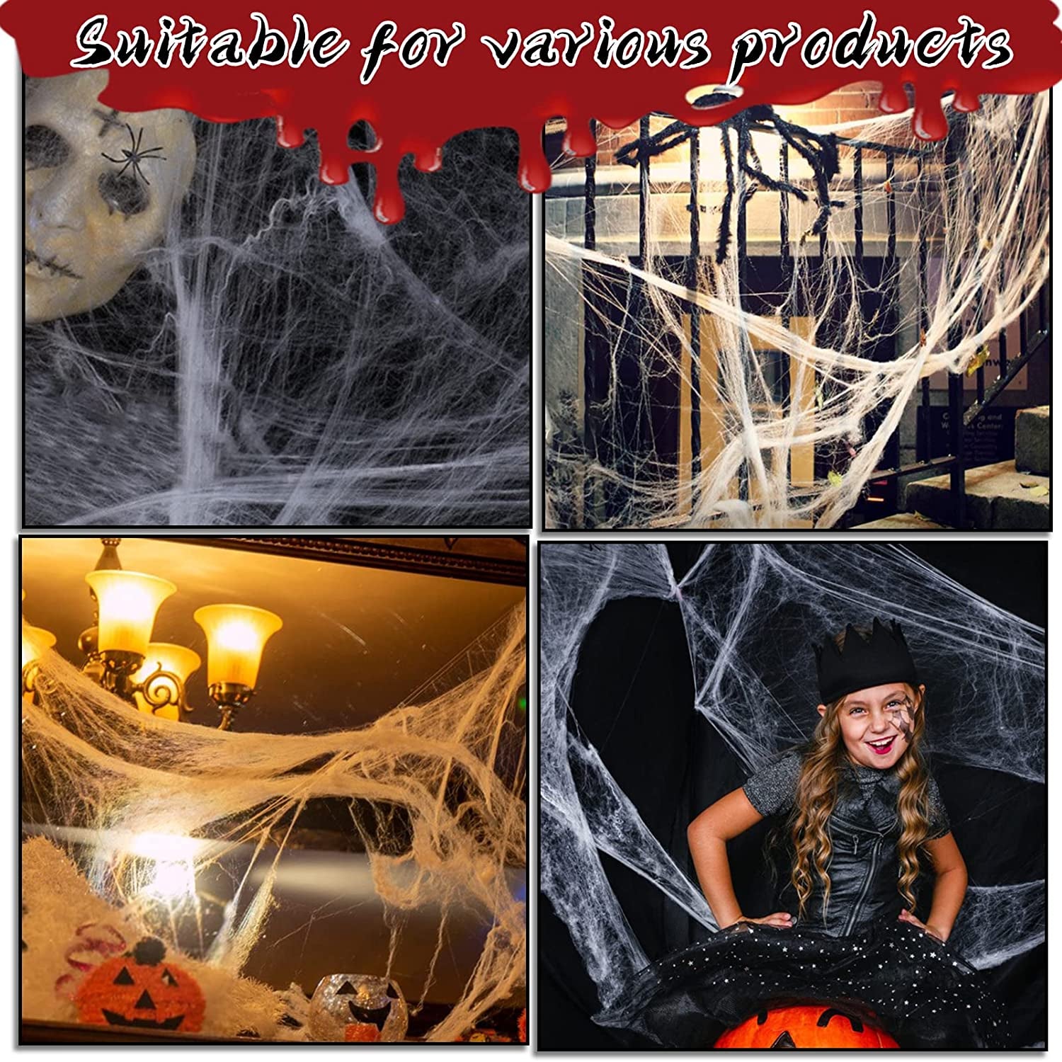 100G Halloween Spider Web Decoration, 50 Pcs Spiders Stretchable Stretch Cobweb for Halloween Haunted House Decor Scary Scence Party Supplies