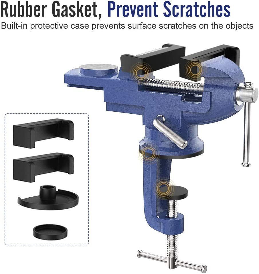 Housolution Universal Table Vice 3 Inch, 360°Swivel Base Bench Clamp Home Vise Clamp-On Vise Repair Tool Portable Work Bench Vise for Woodworking, Cutting Conduit, Drilling, Metalworking - Blue
