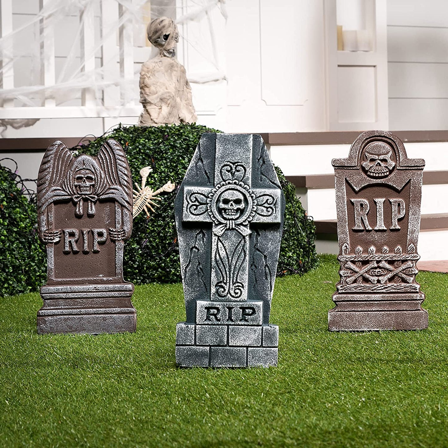 17”/43Cm Halloween Foam RIP Graveyard Tombstones (5 Pack), Headstone Decorations and 12 Bonus Metal Stakes for Halloween Yard Decorations