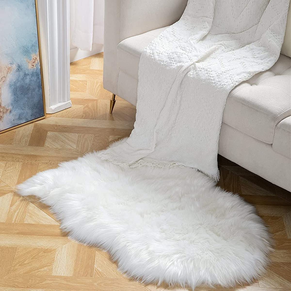 Faux Sheepskin, Faux Fur Rug, Fluffy Rug for the Bedroom, Living Room or Nursery, Furry Carpet or Throw for Chairs, Stools and Sofa (White, 50X80Cm)