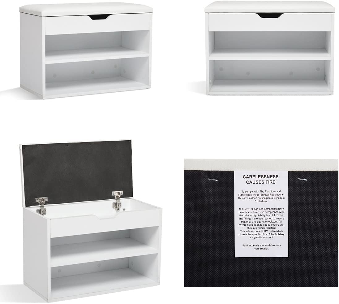 Shoe Storage Bench, Shoe Cabinet with Storage Seat, 60 X 30 X 43 Cm Wooden White Small Unit for 8 Pairs Shoes